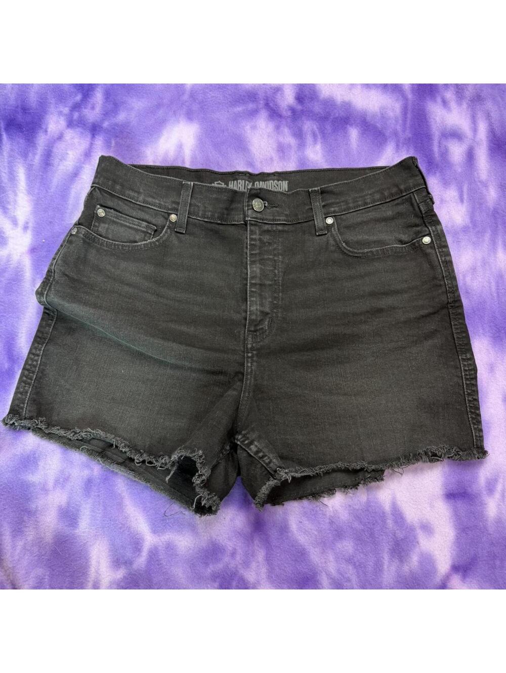 Harley Davidson black denim cut off shorts